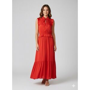 THML Red Sleeveless Ruffle Tiered Maxi Dress Bow Neck Tie TM4927-R Size Small